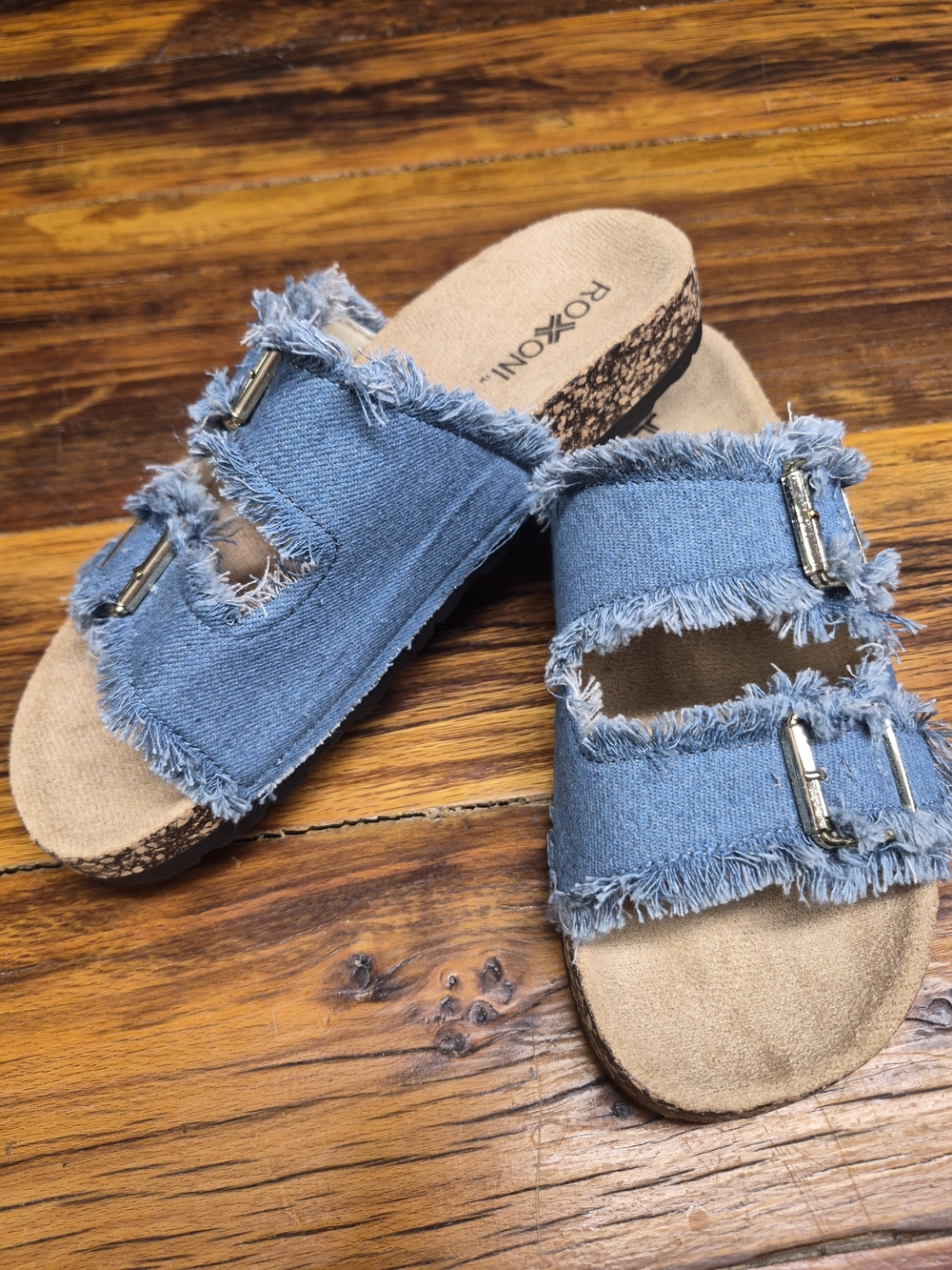 Women's Boutique Denim Frayed Slide Sandals - Blue